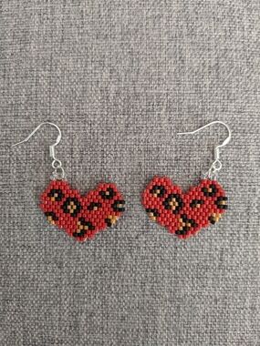 Red Beaded Heart Earrings with Leopard Accent